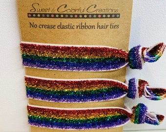Great Stocking Stuffers - No Crease Hair Ties, Ponytail Holders, Sparkle Rainbow Stripes, Gay Pride