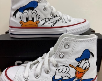 High Top White Converse Hand Painted with Donald Duck and Signature Design