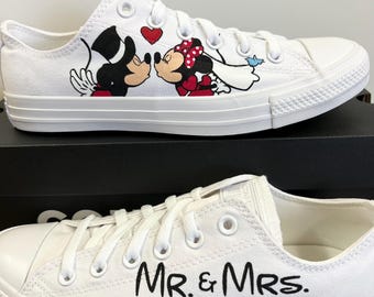 Hand Painted Converse with Mickey and Minnie Bride and Groom Design with Wedding Date