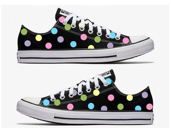 Pastel Multi Colored Polka Dots Black Converse Hand Painted