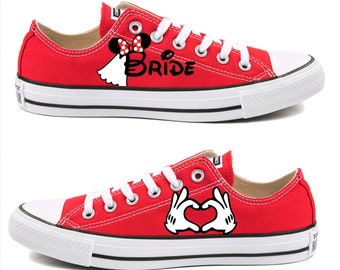 Converse Hand Painted with Minnie Mouse Bride Design with Heart Mickey Hands