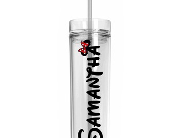 Personalized Clear Skinny Tumbler - Water Bottle - Clear Straw - Mickey and Minnie Ears - Names