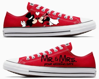 Hand Painted Converse with Mickey and Minnie Bride and Groom Design with Wedding Date