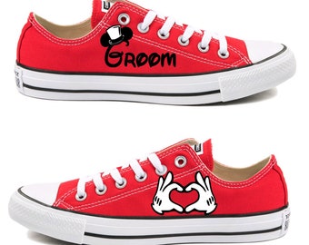 Converse Hand Painted with Mickey Mouse Groom Design with Heart Mickey Hands