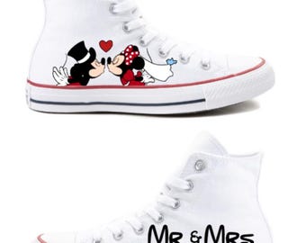 Hand Painted High Top Converse with Mickey and Minnie Bride and Groom Design with Wedding Date