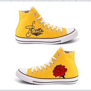 High Top Converse Hand Painted - Disney - Belle - Beauty and the Beast - Yellow - Rose - Autograph - Signature