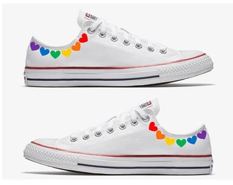 White Converse Hand Painted Gay Pride with Rainbow Hearts