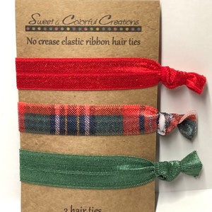 Great Stocking Stuffers - No Crease Hair Ties, Ponytail Holders, Christmas Red, Green and Plaid