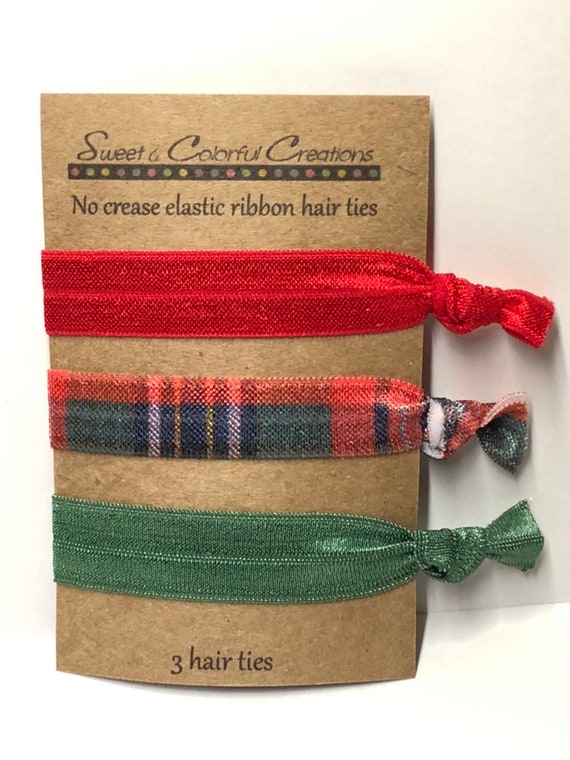 No Crease Hair Ties Red Green And Plaid Etsy