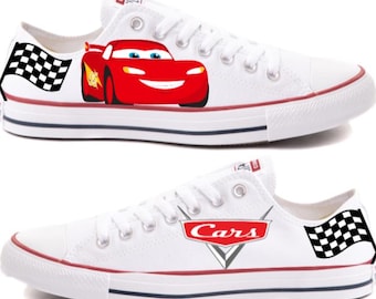 Disney Cars Logo and Lightning McQueen White Low Top Converse Hand Painted - Men’s, Women’s and Kids Sizes
