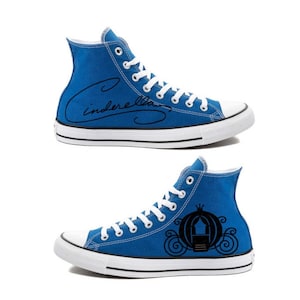High Top Converse Hand Painted - Disney - Cinderella - Carriage - Blue - Autograph - Signature