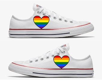 Converse Hand Painted Gay Pride with Rainbow Flag Heart