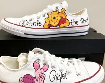 Winnie the Pooh and Piglet White Low Top Converse Hand Painted - Men’s, Women’s and Kids Sizes