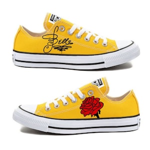 Converse Hand Painted - Disney - Belle Design - Beauty and the Beast - Yellow - Red Rose - Autograph - Signature