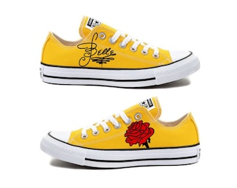 Converse Hand Painted - Disney - Belle Design - Beauty and the Beast - Yellow - Red Rose - Autograph - Signature