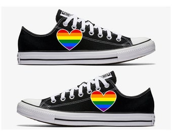 Converse Hand Painted Gay Pride with Rainbow Flag Heart