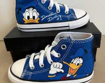 High Top Converse Hand Painted with Donald Duck and Signature Design