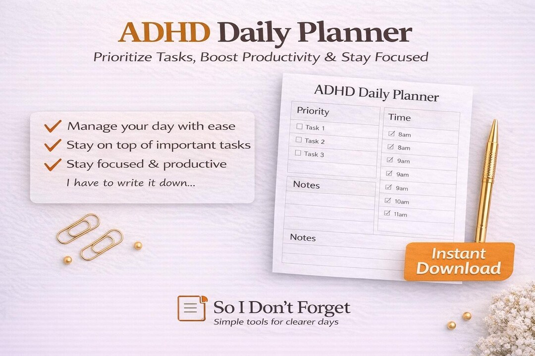ADHD Daily Planner Printable | Simple Focus & Time Blocking Planner ...