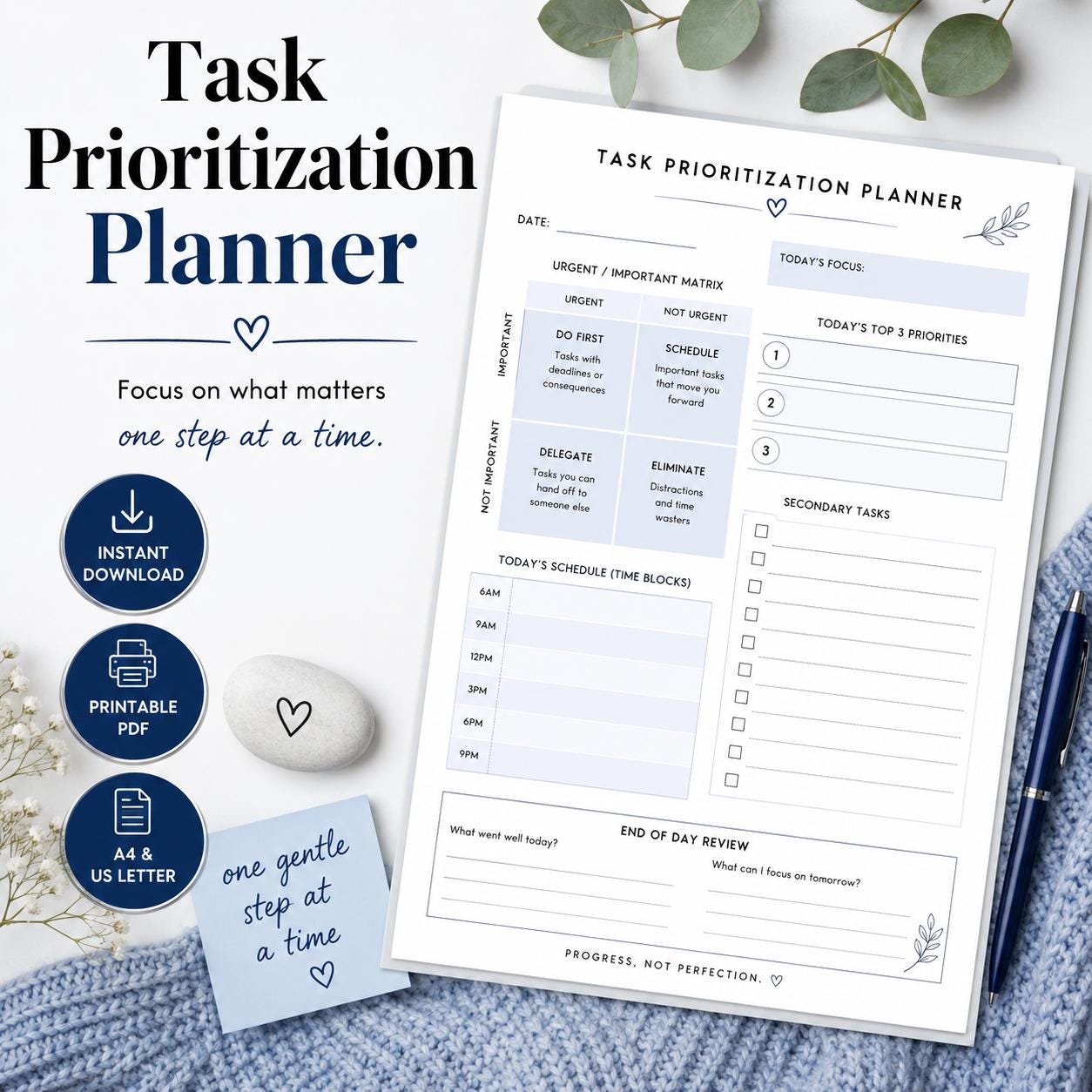 Task Prioritization Planner | Printable Daily Focus Planner | A4 & US ...