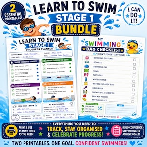 Learn to Swim Stage 1 Bundle | Swimming Progress Tracker & Swim Bag Checklist | Printable Swim Lesson Planner | Kids Swimming Printable