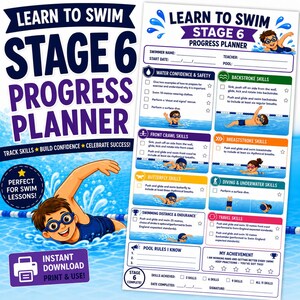 Learn to Swim Stage 6 Progress Planner | Swimming Lesson Tracker | Swim England Stage 6 Checklist | Printable PDF for Kids