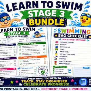 Learn to Swim Stage 3 Bundle Printable PDF | Swimming Progress Planner & Swim Bag Checklist | Swim Lesson Tracker for Kids