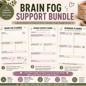 Puede incluir: Un paquete de descarga digital de tres planificadores imprimibles: Brain Fog, Memory Support y Reminder. Los planificadores están diseñados para ayudar con la concentración, la memoria y las tareas diarias. La imagen incluye texto y una taza de café.