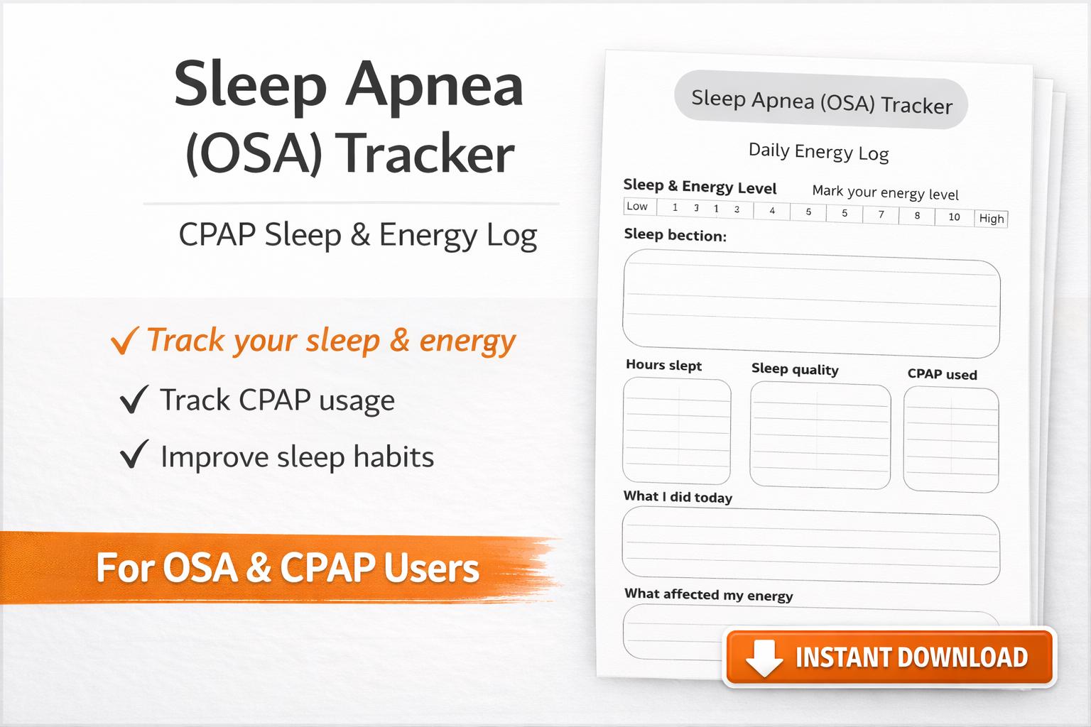 Sleep Apnea Tracker Printable | CPAP Sleep Log | Sleep Apnea & Energy ...