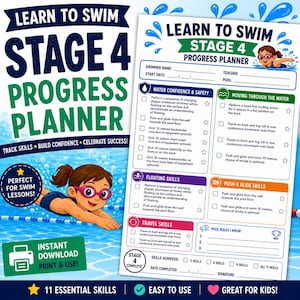 Learn to Swim Stage 4 Progress Planner Printable PDF | Swimming Award Tracker | Swim Lesson Checklist | Kids Swimming Progress Chart