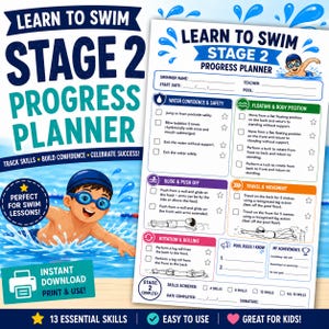 Learn to Swim Stage 2 Progress Planner | Swimming Award Tracker for Kids | Swim Lesson Progress Sheet | Swim Skills Checklist