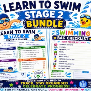 Learn to Swim Stage 2 Bundle | Swimming Progress Planner & Bag Checklist | Swim Lesson Tracker for Kids | Printable PDF