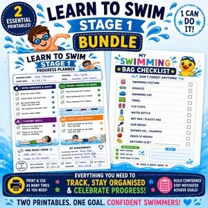 Learn to Swim Stage 1 Bundle | Swimming Progress Tracker & Swim Bag Checklist | Printable Swim Lesson Planner | Kids Swimming Printable