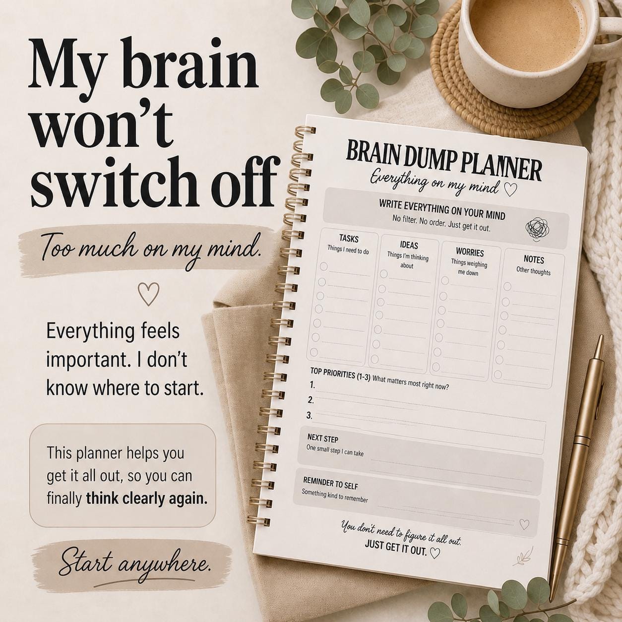 Brain Dump Planner Printable | Mental Clarity Worksheet | Stop ...