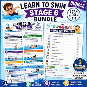 Learn to Swim Stage 6 Bundle | Swimming Progress Tracker & Swim Bag Checklist | Printable Swim Lesson Planner | Kids Swimming Printable