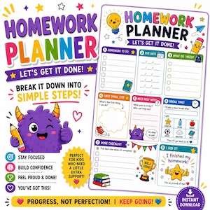 Pode incluir: Um planejador de tarefas colorido com o texto "Homework Planner" e "Let's Get It Done!". Apresenta um monstro roxo segurando um lápis, seções de lista de verificação e frases encorajadoras. Projetado para crianças.