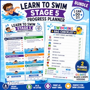 Learn to Swim Stage 5 Bundle | Swimming Progress Tracker & Swim Bag Checklist | Printable Swim Lesson Planner | Kids Swimming Printable