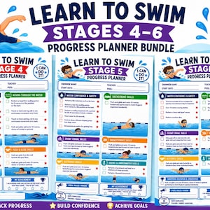 Learn to Swim Stages 4-6 Bundle | Swimming Progress Planners & Bag Checklist | Swim Lesson Tracker for Kids | Printable PDF