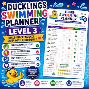 May include: A Level 3 swimming planner for young swimmers, featuring a duck mascot. The colorful design includes sections to track skills, goals, and progress, with the text "Build Independence. Swim with Confidence."