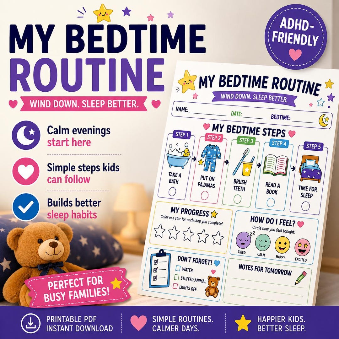 Bedtime Routine Chart for Kids | Printable Visual Sleep Routine | ADHD ...