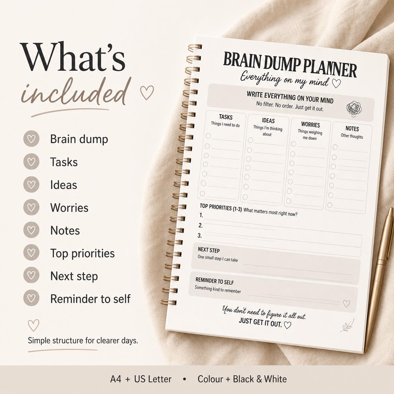Brain Dump Planner Printable | Mental Clarity Worksheet | Stop ...