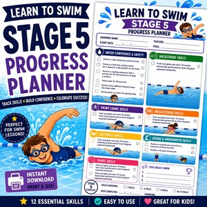 Learn to Swim Stage 5 Progress Planner Printable PDF | Swimming Award Tracker | Swim Lesson Checklist | Kids Swimming Progress Chart