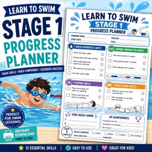 Learn to Swim Stage 1 Progress Planner Printable PDF | Swimming Award Tracker | Swim Lesson Checklist | Kids Swimming Progress Chart
