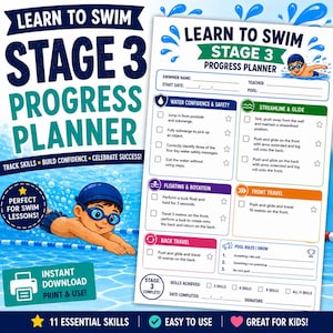 Learn to Swim Stage 3 Progress Planner Printable PDF | Swimming Award Tracker | Swim Lesson Checklist | Kids Swimming Progress Chart