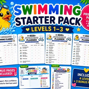 May include: A swimming starter pack featuring six printable pages with levels 1-3 and bonus pages. The design includes a yellow duck with blue goggles, blue water splashes, and text such as Swimming Starter Pack, My Ducklings Swimming Planner, and My Swimming Lessons Planner on a bright blue background.