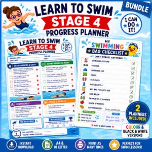 Learn to Swim Stage 4 Bundle | Swimming Progress Tracker & Swim Bag Checklist | Printable Swim Lesson Planner | Kids Swimming Printable