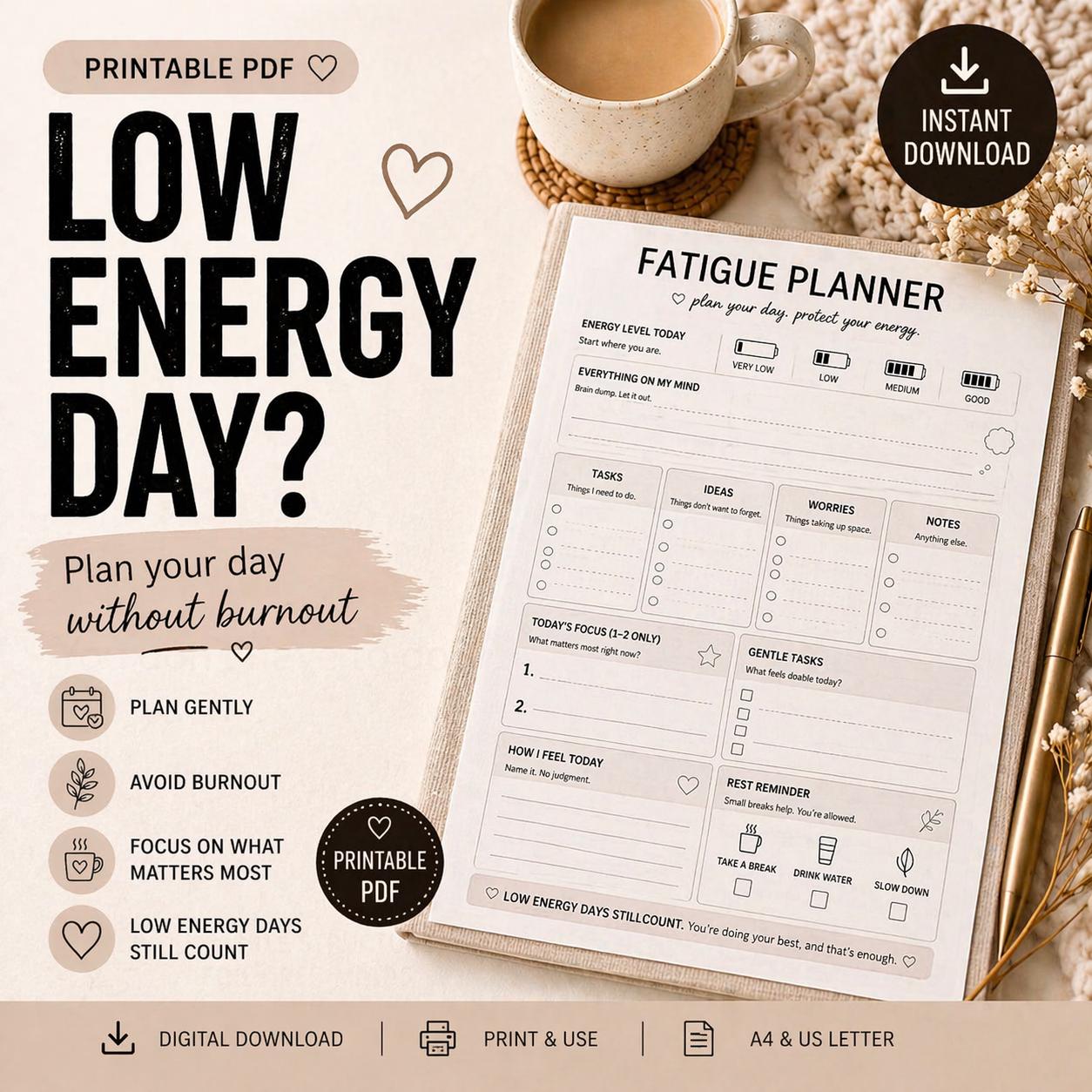 Low Energy Day Planner Printable | Too Tired to Function | Gentle Daily ...