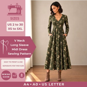 May include: A V-neck long sleeve midi dress sewing pattern featuring a dark olive green fabric with a small white floral print. The design includes a fitted bodice, a flared skirt with side pockets, and text indicating sizes US 2 to 30, XS to 5XL.