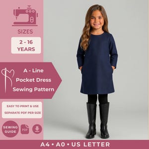 Puede incluir: Un vestido de corte en A color azul marino con mangas tres cuartos y bolsillos laterales. La imagen incluye el texto: SIZES 2-16 YEARS, A-Line Pocket Dress Sewing Pattern, EASY TO PRINT & USE, SEPARATE PDF PER SIZE, SEWING GUIDE, PDF, A4, A0, US LETTER.