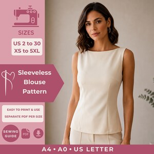 Sleeveless Blouse Sewing Pattern, Boat Neck Top PDF, Fitted Blouse Pattern, US Sizes 2-30
