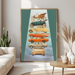Puede incluir: Una impresión enmarcada que presenta una disposición vertical de coches antiguos, desde un carruaje tirado por caballos hasta un vehículo moderno. Los coches son de varios colores, incluyendo naranja, amarillo y azul, sobre un fondo turquesa. La obra de arte se exhibe en un salón.